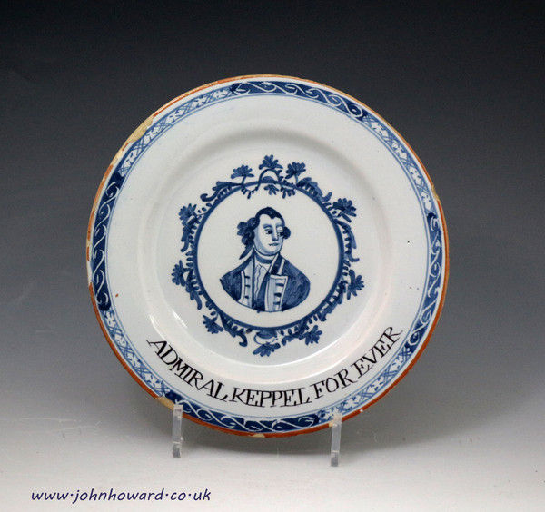 English delftware pottery plate with portrait of Admiral Keppel circa 1780 London Delft Works.