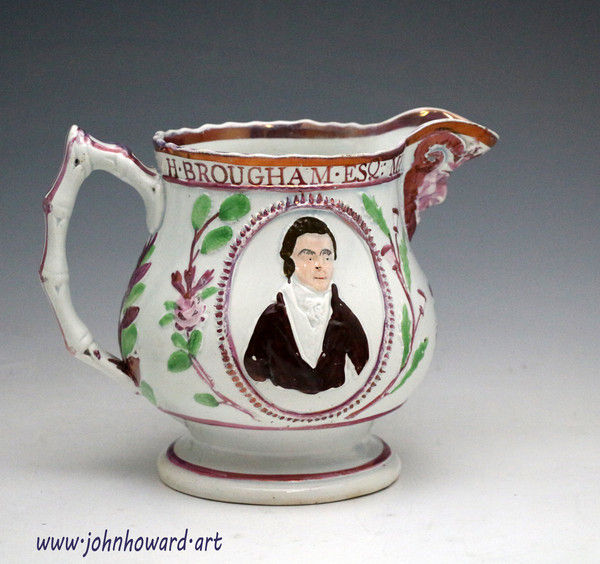 Antique English pottery pink lustre commemorative pitcher Denman and Brougham early 19th century