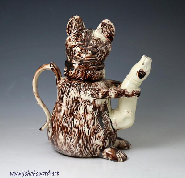 Antique English pottery Whieldon type bear baiting jug Staffordshire circa 1770 period.