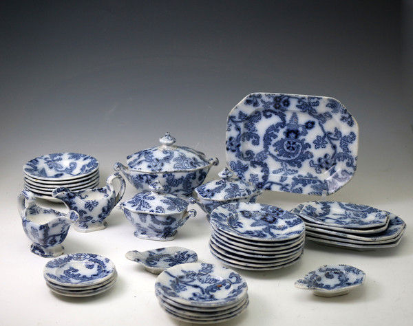 Antique English Pottery flow blue minature childs dinner set 36 pieces circa 1840