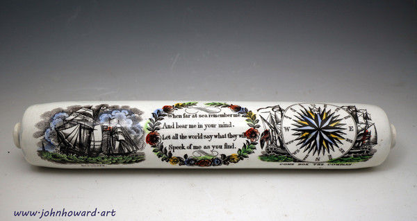 Antique pottery rolling pin with nautical images,  Newcastle or Sunderland Pottery North East England circa 1845 antique period.
