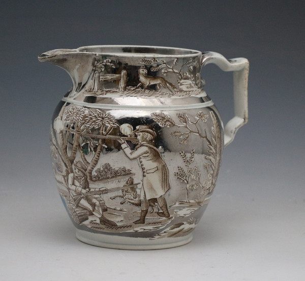 Antique English pottery silver luster pitcher with rural sporting figures circa 1815 period