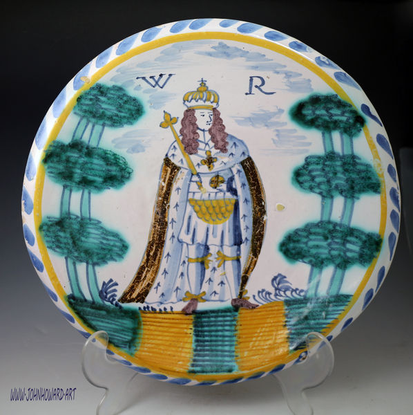 English delftware pottery Royalty blue dash charger with standing portrait of King William c1695 