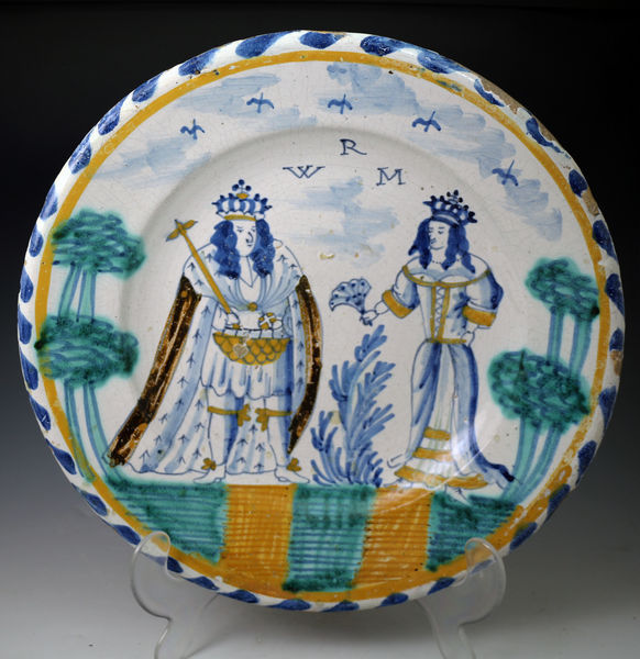 English delftware blue dash charger Royal double portraits of William 111 and Mary 11 late 17th c.