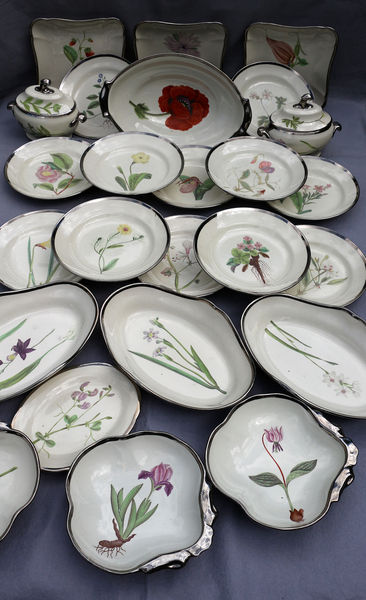Antique Swansea Pottery botanical dessert 25 piece service with silver luster borders and hand decorated early 19th century Wales
