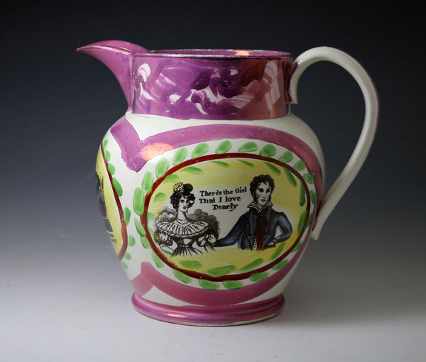 Antique English pottery pink luster pitcher from the North East Potteries early 19th century