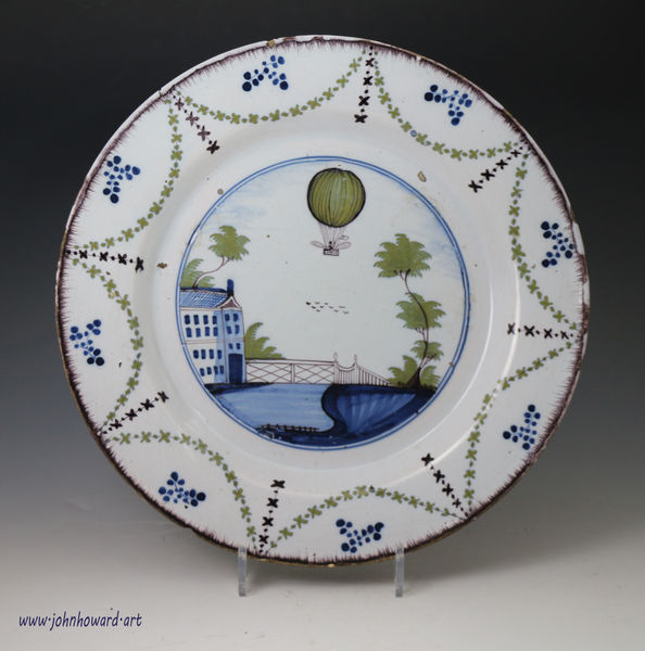  English London delftware polychrome  large dish featuring  Lunardi's balloon assent