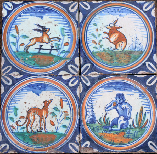 English delftware paving tiles(four) with images of animals circa 1635 period London