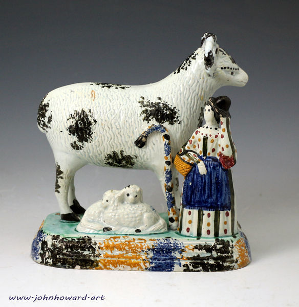 Antique English pottery prattware figure of a ram and female attendant. Yorkshire Pottery early 19th century England