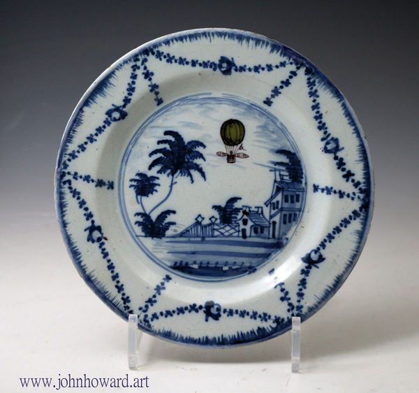 Ballon flight London delftware plate  8 inches diameter circa 1785