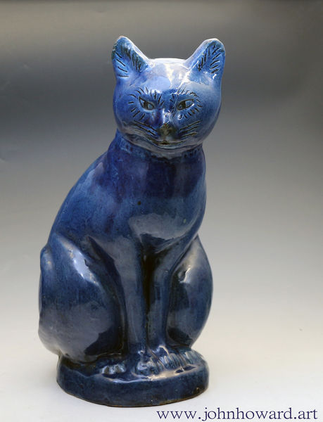 Antique earthenware figure of a cat with blue glaze Ewenny Pottery Wales circa 1900