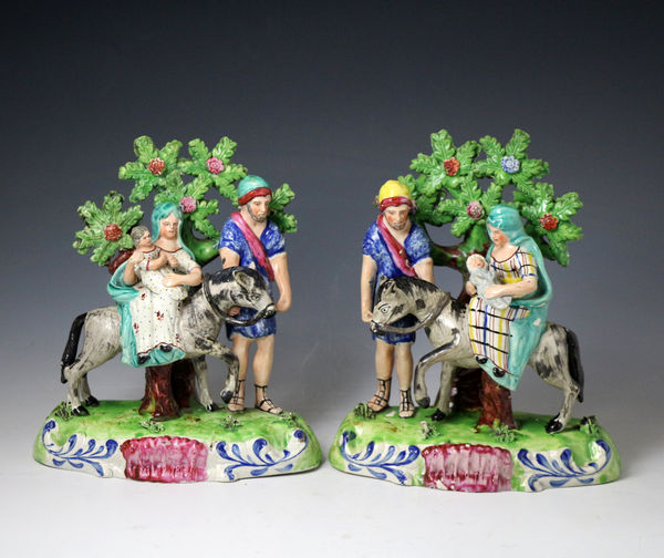 Staffordshire pottery pair of pearlware  bocage figures Flight and Return Eygpt made in circa 1820 antique period
