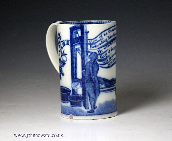 Swansea Pottery Blue and White tankard with transfer related to The Guillotine and the beheading of Louis XVI in 1793