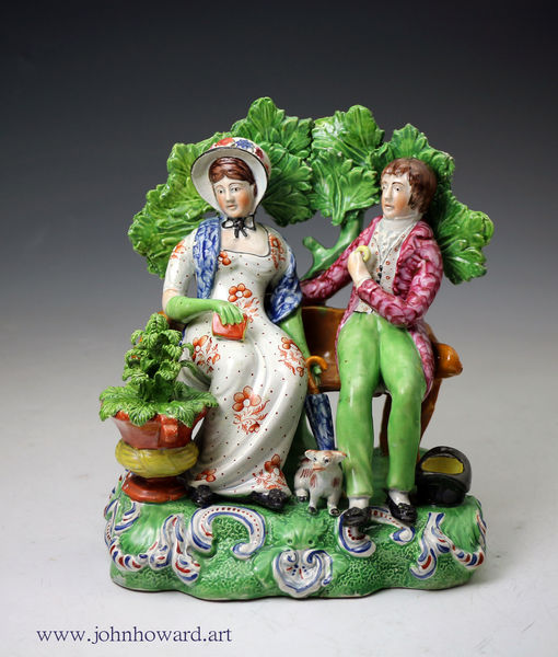 Staffordshire pearlware pottery figure group with bocage Persuasion antique period c 1820