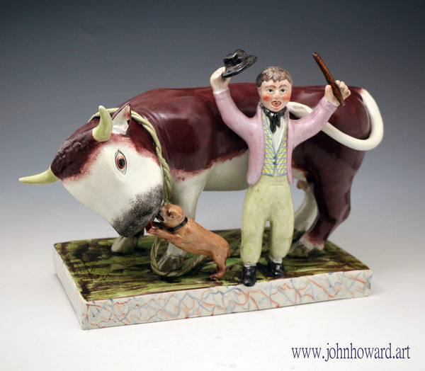 Staffordshire pottery figure Bull Baiting, English pearlware antique period early 19th century