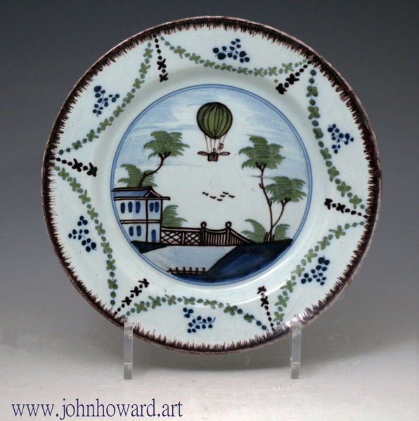  London delftware pottery polychrome coloured plate  Lunardi's Balloon flight 1784