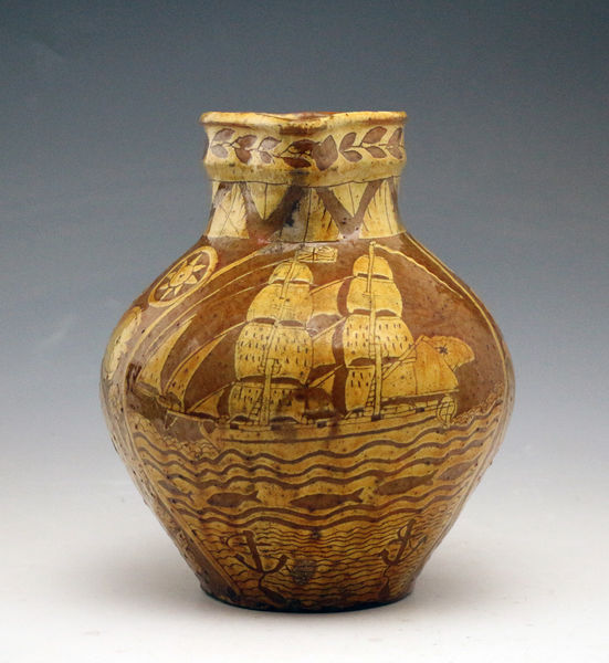 North Devon earthenware slip scraffito decorated pottery harvest jug circa 1850 period.