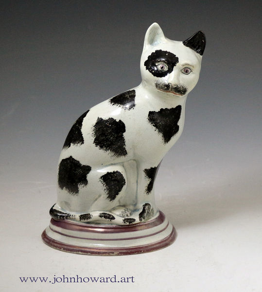 Antique English pottery pearlware figure of a cat. Staffordshire  pottery early 19th century