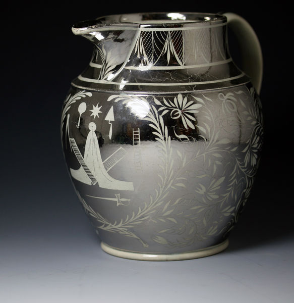 Antique pottery silver luster pitcher with Masonic emblems made in England early 19th century