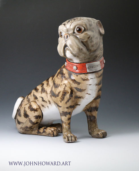 Galle faience pottery  pug dog titled Mr le Comte, Nancy France circa 1900 antique period