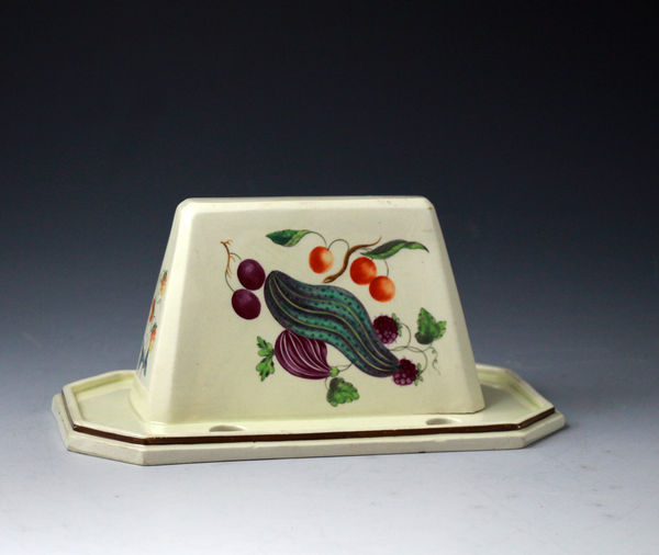 Antique English creamware pottery jelly core , hand decorated with fruit and vegetables  late 18th century