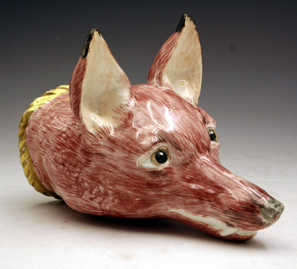 Staffordshire porcelain stirrup cup in the form of a foxes head