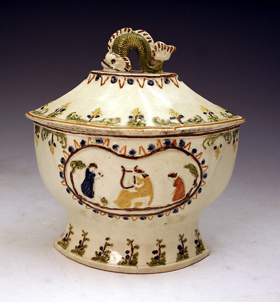 Antique pottery Prattware Sucrete with Dolphin figure finial c1800