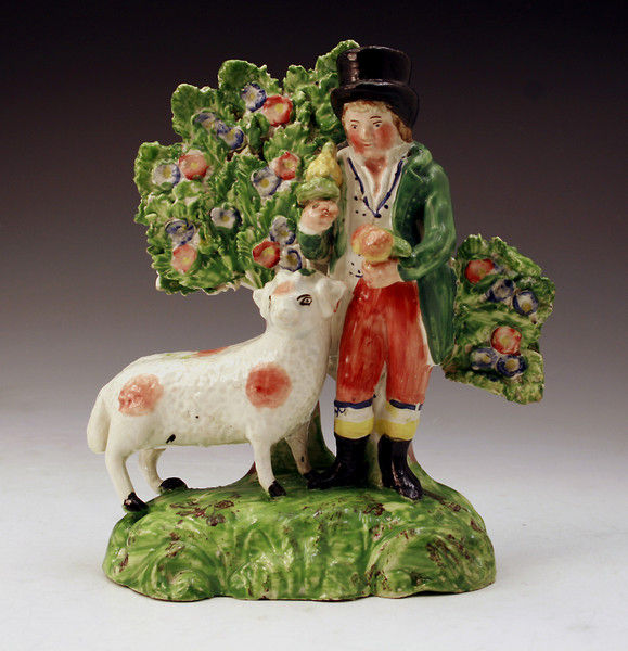 ANTIQUE STAFFORDSHIRE POTTERY FIGURE OF A FARMER AND  RAM