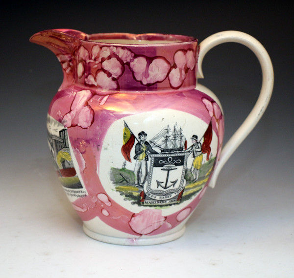 Sunderland Pottery pink splash luster pitcher. c1835