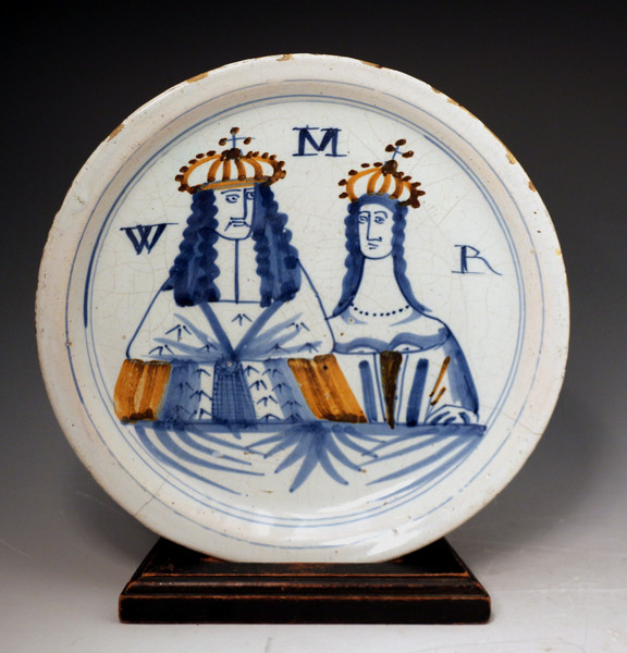 London delftware plate  commemorating King William and Mary late 17th century