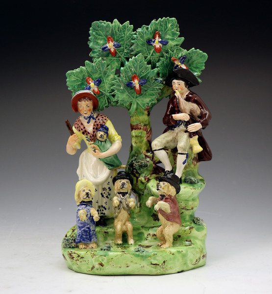 ANTIQUE ENGLISH STAFFORDSHIRE POTTERY FIGURE  PERFORMING DOGS GROUP