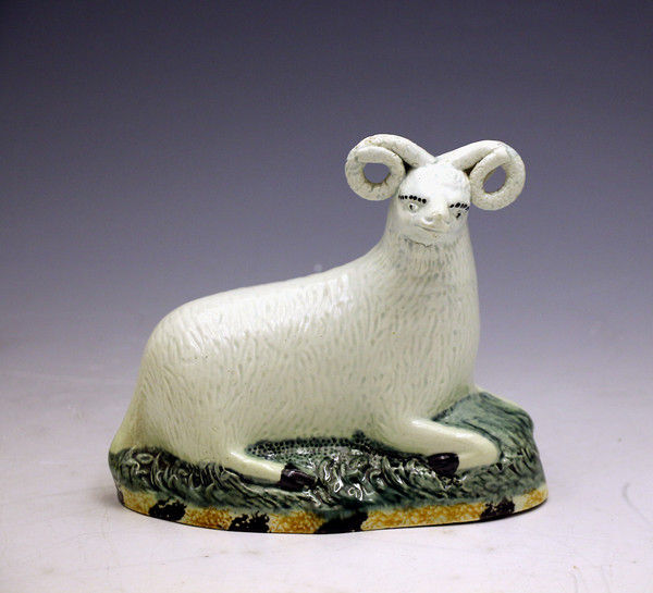 English Yorkshire pottery figure of a ram in Pratt colours c1810