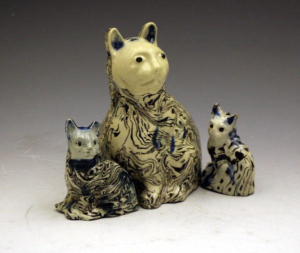 Antique Staffordshire pottery saltglaze variagated figures of cats c1770