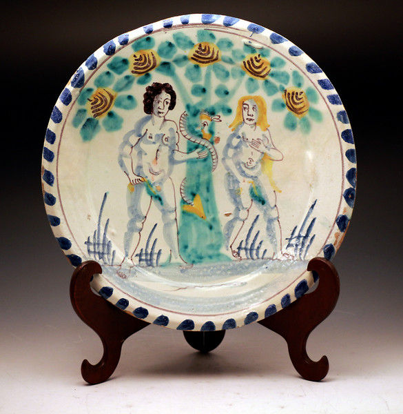 English Delftware Adam and Eve Charger with blue dash border Bristol Pottery