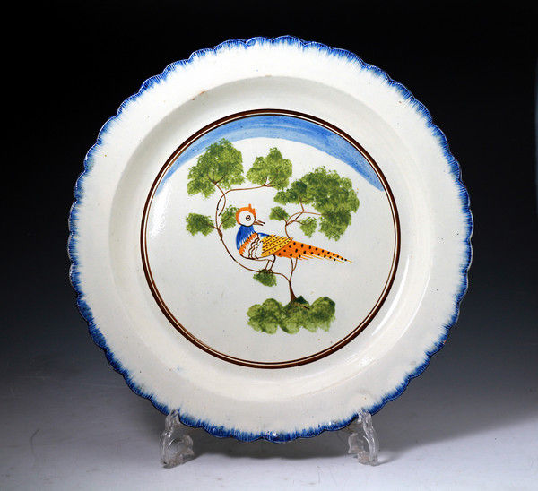 Antique English pottery pearlware blue edged plate with peafowl