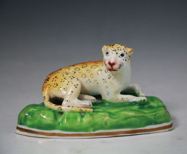 Antique English porcelain figure of a leopard  Alcock and Co.Staffordshire