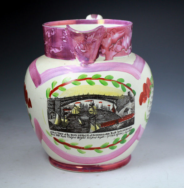 English antique pottery pink luster pitcher with transfer of the Bridge over the Wear