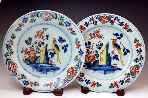 Pair of English London delftware polychrome coloured plates 18th century pottery