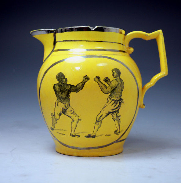 English pottery commemorative jug with Molineaux and Cribb the Boxers c1815