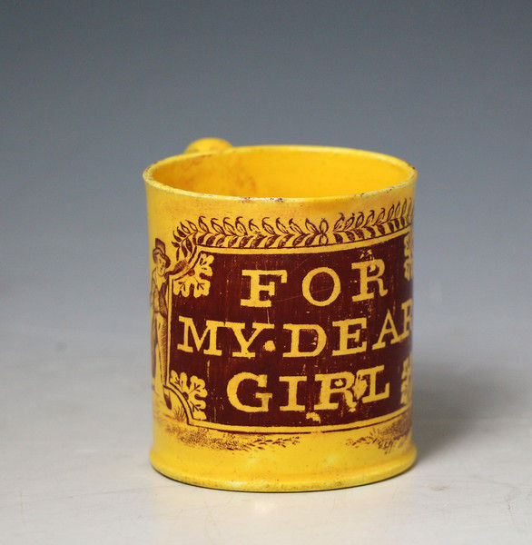 Antique English pottery Canary Yellow Mug for my Dear Girl c1820