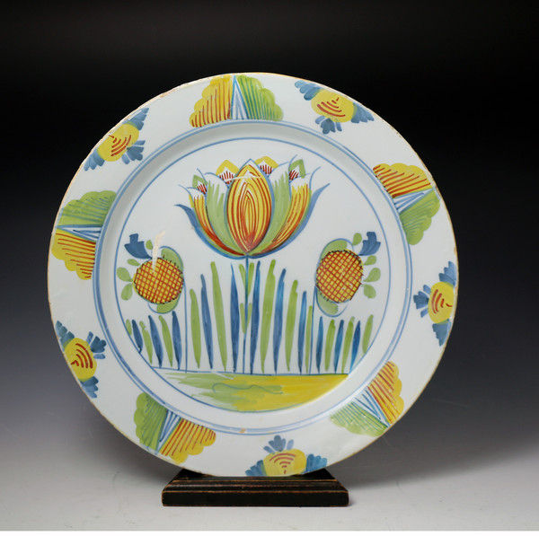 ANTIQUE  ENGLISH DELFTWARE POLYCHROME TULIP CHARGER C1700