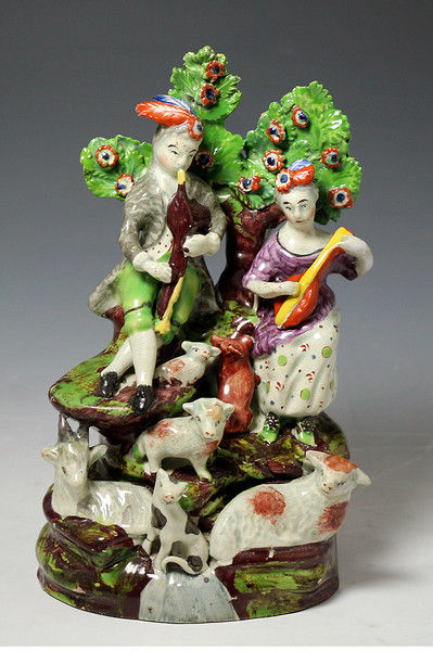Antique Staffordshire pottery figure group of musical shepherds circa 1825