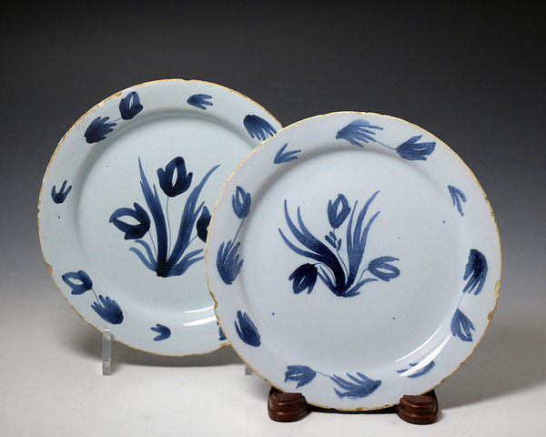 Antique English pottery pair of delftware plates 18th century period.