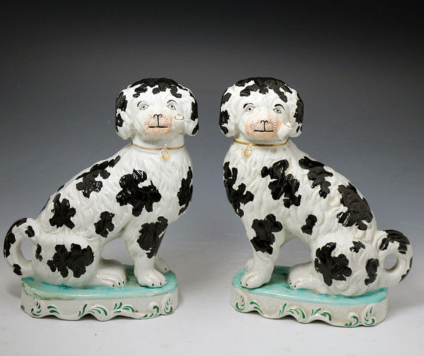 Pair Victorian Staffordshire pottery figures of  dogs smoking pipes