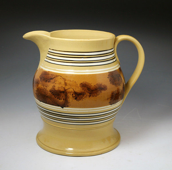 Antique pottery yellow ware mocha decorated English pitcher c1840