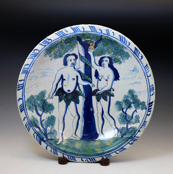 Adam and Eve English Delftware Charger period circa 1720