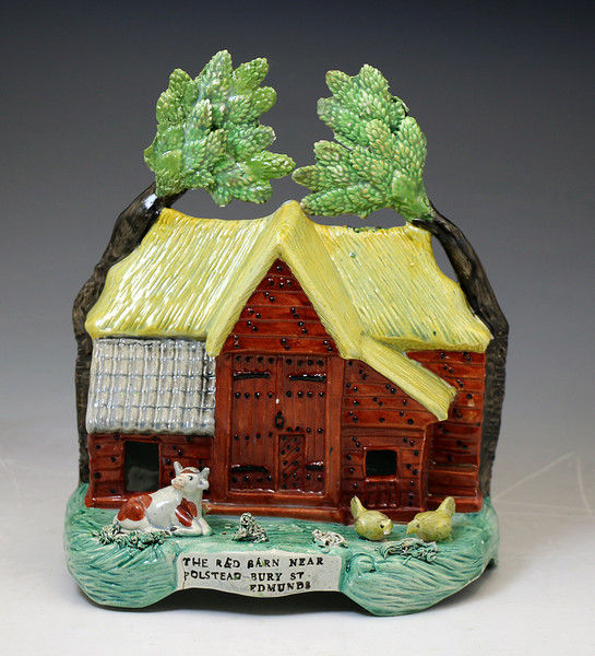 Antique English Staffordshire pottery RED BARN figure group with bocage circa 1828