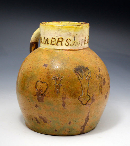 Antique West Country Devon pitcher with Farmers Arms motif date 1824