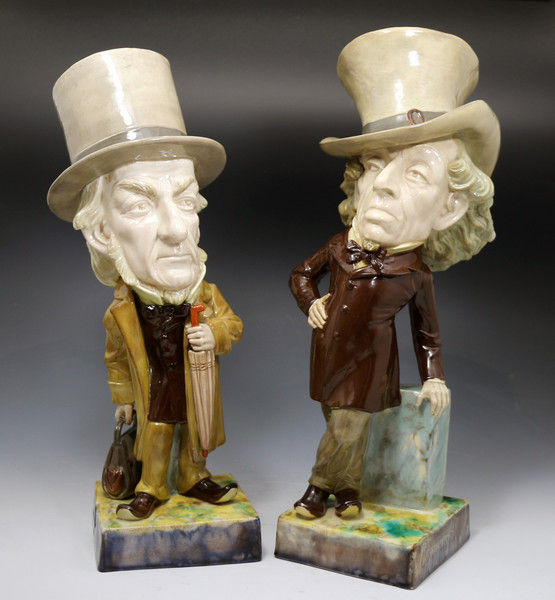 Victorian Staffordshire majolica pottery  political caricature figures of Disraeli and Gladstone