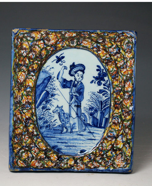 Antique English delftware plaque probably Lambeth Pottery London 18th century.